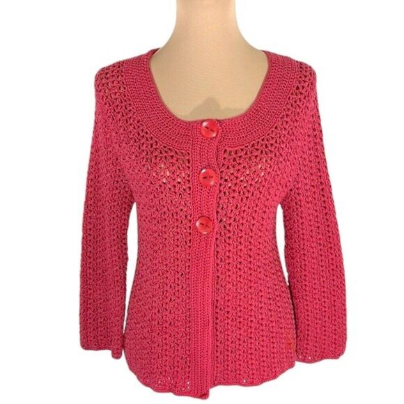 Talbots Sweater Cardigan Medium Y2K Pink Hand Knit Cottagecore - Picture 1 of 8